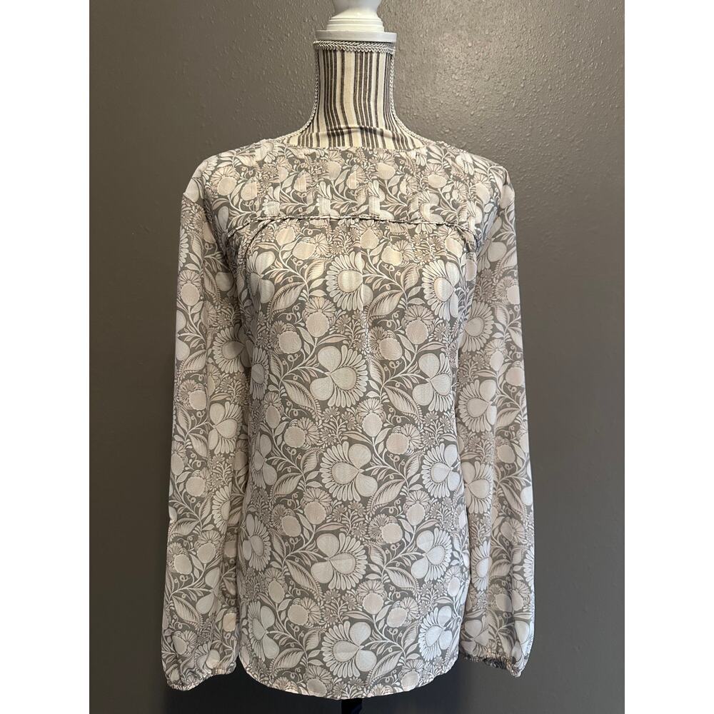 LOFT Floral Chiffon Blouse XL Gray Pink White Lightweight Long Sleeve Top